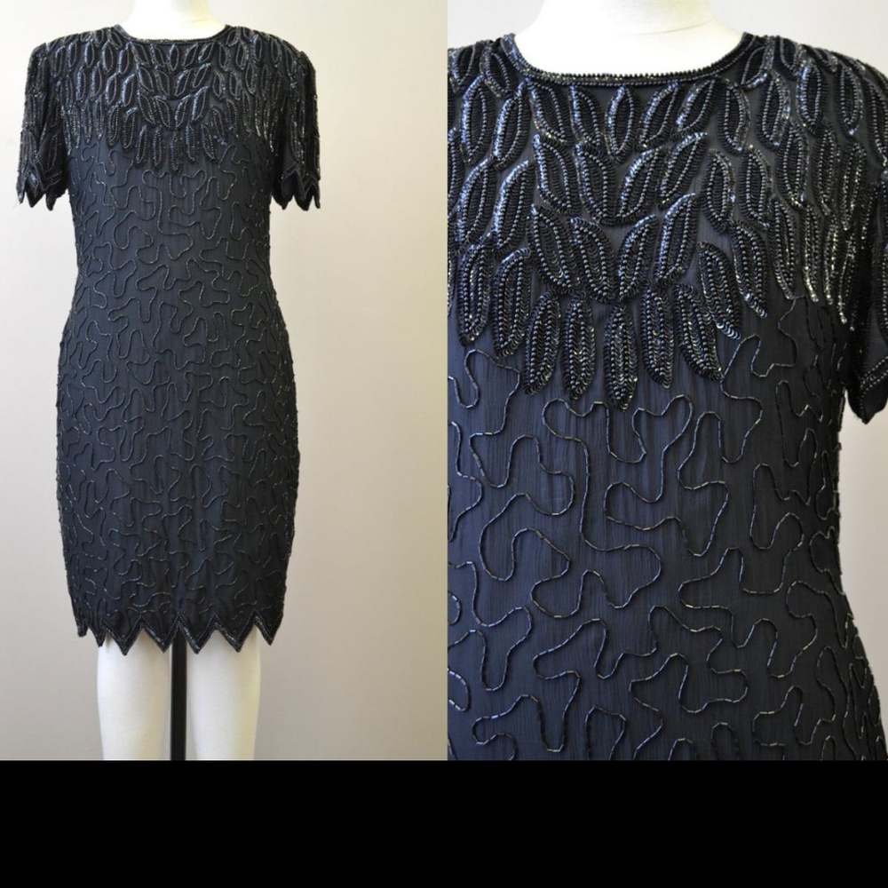 Vintage Black Silk Beaded Dress Laurence Kazar